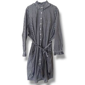J Crew Ruffle Neck Shirt Dress Blue White Gingham Check Plus Size Size 24 Preppy